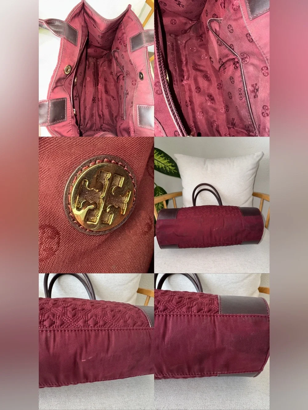 Tory Burch Burgundy Wine Quilted Nylon And Leather Ella Damask Tote Handbag